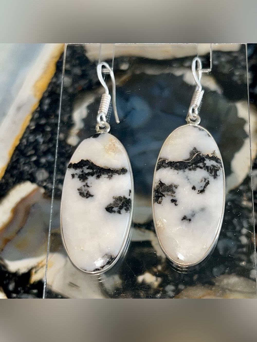 Thin White Buffalo Turquoise Earrings 2” - Picture 4 of 17